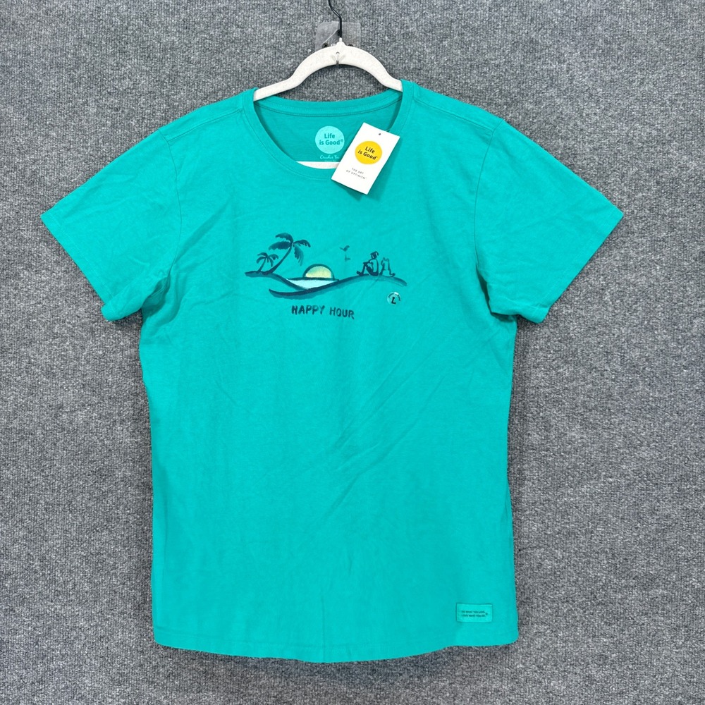 Life is Good Crusher Tee Women Large Blue Beach Happy Hour Graphic Shirt NEW